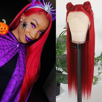 Halloween Wig Long Straight Red Synthetic Lace Front Wigs Glueless Soft Hair Silky 13X4 HD Lace Front Wig For Women 28 Inches Heat Resistant Fiber Hair Natural Hair Line Halloween Party Daily Use
