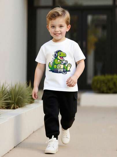 2 件套幼儿男童夏季卡通恐龙印花短袖上衣和工装裤休闲舒适套装