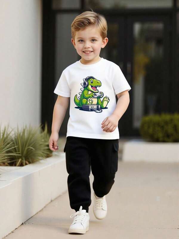 2 件套幼儿男童夏季卡通恐龙印花短袖上衣和工装裤休闲舒适套装
