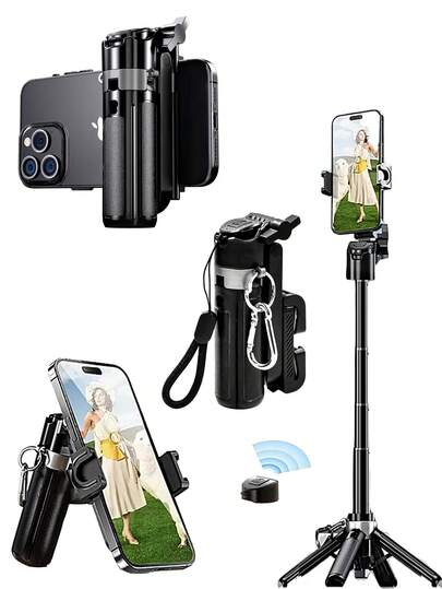 全新升级便携式自拍杆，带无线可拆卸遥控器，可伸缩多功能三脚架，适用于 4-7 英寸手机/安卓迷你口袋尺寸三脚架，适用于旅行、运动、摄影、直播、视频录制，适用于暑假、旅行、户外活动、直播、稳定录制视频博客设备，承重能力强