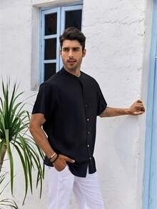 Men's Short Sleeve Shirt Priest Collar Slim Casual Elegant Summer Beach - màu đen - Xem 1