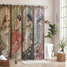 1pc Art Nouveau Women Triptych Shower Curtain - Three Women In Flowing Dresses Set Against Floral Backgrounds - Vintage Bathroom Decor - Polyester Fabric Shower Curtain - 12 Hooks, Bathroom Decor, Home Decor, Bathroom Essentials, Farmhouse Home Decor - 白色 - 查看 2