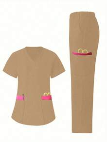 Women V-Neck Short Sleeve Pocket Uniform Top And Pants Set - Khaki - View 1