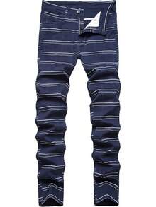 TENGINE Plaid Pants For Men, Mens Skinny Stretch Slim Fit Chinos Golf Business Dress Casual Pants - 藍色條紋 - 查看 1