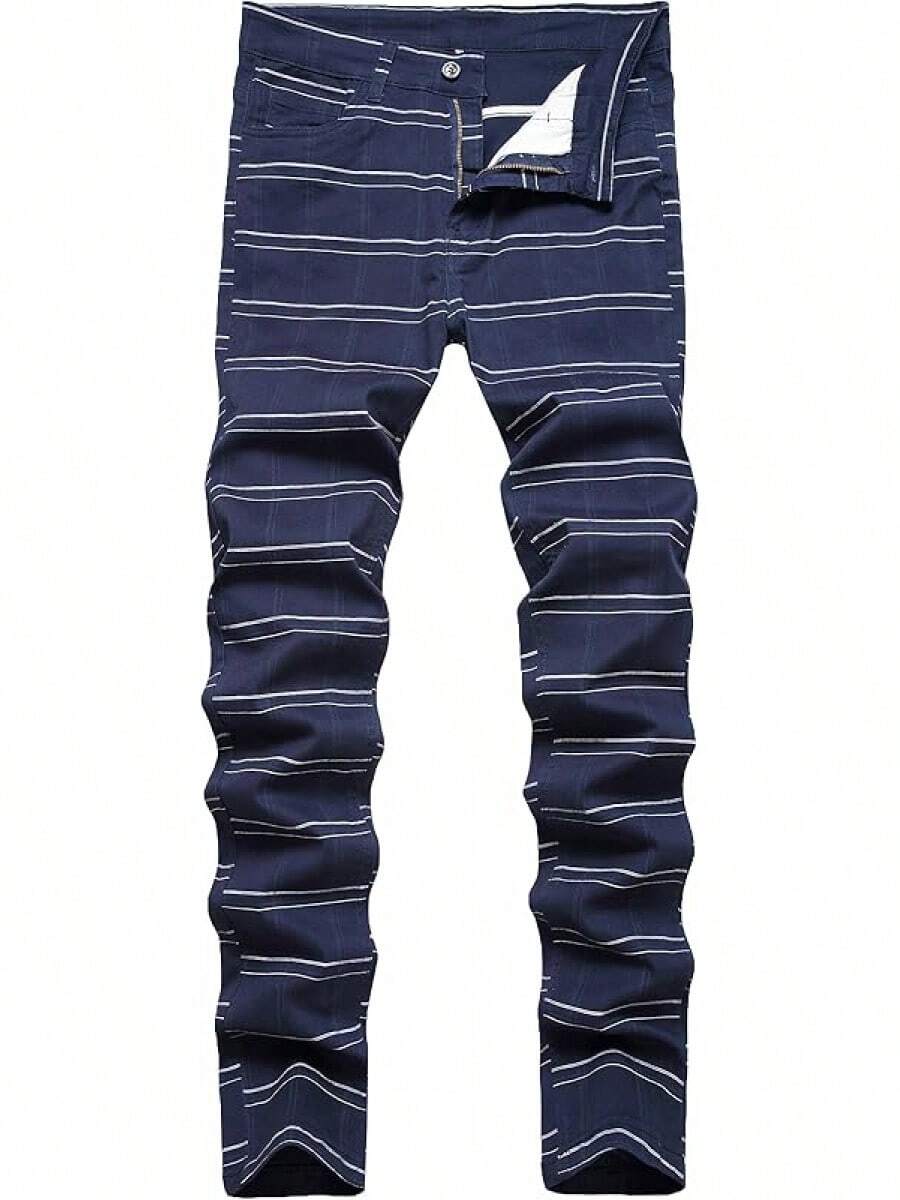 TENGINE Plaid Pants For Men, Mens Skinny Stretch Slim Fit Chinos Golf Business Dress Casual Pants - 藍色條紋 - 查看 1