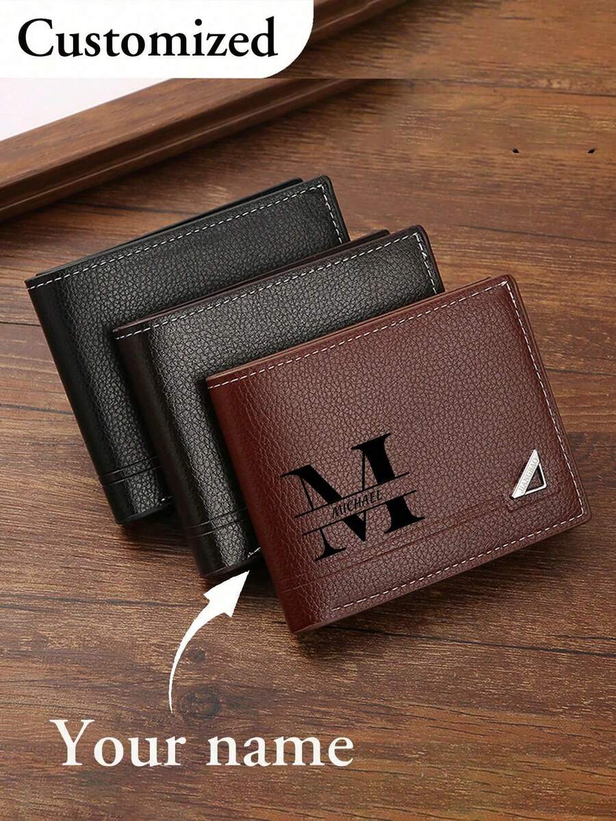 1 chiếc ví ngắn nam tùy chỉnh, in chữ màu trơn, chất liệu da PU, ví gập đôi tối giản đựng nhiều thẻ, quà tặng cá nhân hóa phù hợp cho anh em trai, cha, bạn trai, kỷ niệm, Ngày của Cha, Giáng sinh, Halloween và các dịp khác. - màu đen - Xem 1