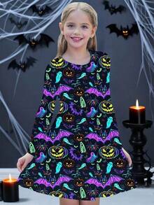Girls Casual Comfortable Round Neck Pumpkin, Bat, Ghost 3D Print Long Sleeve Cute Dress, Suitable For Everyday, Vacation, Elegant Party, Graduation, Back To School, Halloween