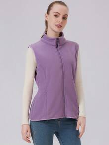 1件装 女士户外纯色拉链领休闲抓绒外套/背心/抓绒夹克/抓绒背心/加厚修身背心外套，秋冬季 - 淡紫色 - 查看 6
