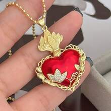 Collana con pendente smaltato a forma di croce rossa e cuore sacro, gioiello di moda religioso da donna, adatto per uso quotidiano