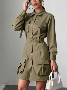 Novedades otoño/invierno Ropa de trabajo para mujer Vestido informal Elegante Cálido A la moda Y2K Salidas Vacaciones Cumpleaños Fiestas Mujer vestido estilo casual con botones, detalles de bolsillo, ajuste regular, cuello tipo camisa, manga larga, primavera-verano, uso diario, categoría de moda. - Verde - Ver 4