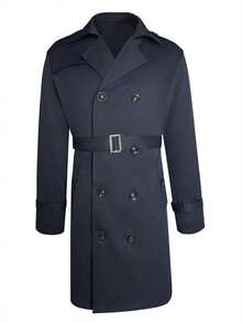 Abrigo largo de trinchera de manga larga azul marino para hombre con botones doble botonadura y cinturón, adecuado para uso casual y de negocios en otoño