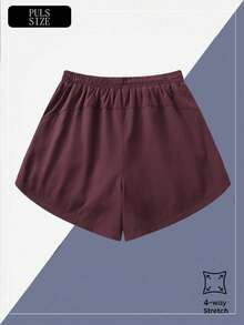 1pc Plus Size Women Shorts, 2-In-1 Solid Color Lining 2 In 1 Sports Pants, Elastic Waist Dual Layer Shorts, Suitable For Running, Sports, Yoga, Fitness In Summer