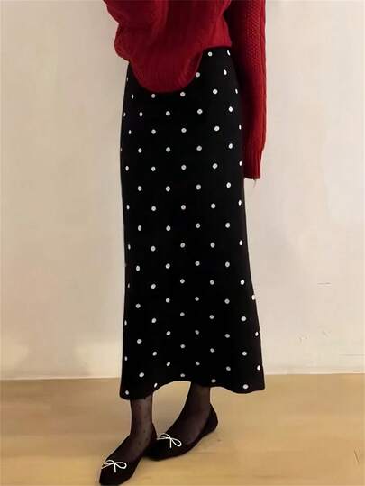 French Elegant Style Vintage Polka Dot Knit Skirt, Flattering Fit, Suitable For Christmas, New Year, Commute, Date, Autumn/Winter