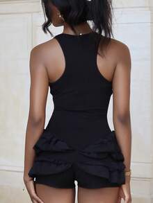 Mima John Women's Solid Color Square Neck Sleeveless Wide Strap Ruffle Hem Layered Jumpsuit - Black - View 5