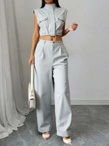 conjunto de 2 piezas elegantes  camisa de cargo con pantalon de cargo - Gris - Ver 3