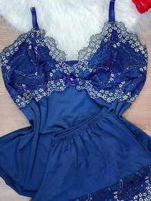 Short Doll Women's Pajama Set/ Two-Tone Lace - Teal Blue - View 2