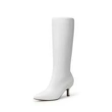 Women's Knee-High Boots, Comfortable Chunky Block Heel Pointed Toe Pull On Side Zipper Suede Slouch Riding Boots - White - View 10