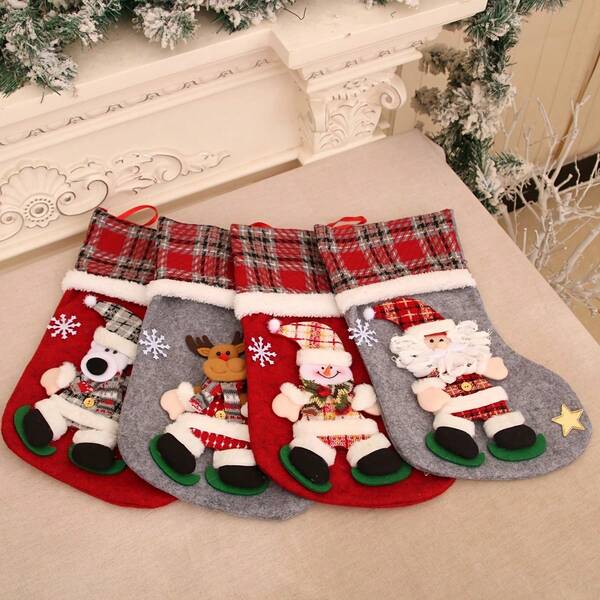 Classic Plaid Cloth Buffalo Socks Hanging On The Fireplace, Snowflake Hanging Socks, Santa Claus, Snowman, Reindeer, Decorative Socks For Christmas Party Decoration