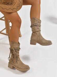 Ghete retro pentru femei cu toc înalt, material tip piele întoarsă, design cu șnur, ghete casual la modă, confortabile și versatile - Kaki - Vizualizare 2