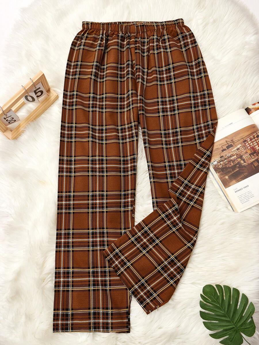 男士休闲弹力腰格子裤，春秋季 - 銅色 - 查看 1