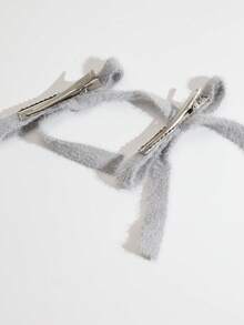 2个/套 柔软针织毛绒蝴蝶结发夹，女士可爱发饰，适合日常穿搭和外出，爪夹，发爪，发夹，发卡，秋季时尚，冬季配饰，秋季，蝴蝶结 - 灰色 - 查看 4