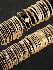 29/21/12/10 Stücke modisches, elegantes, vintage Blumen-, geometrisches, Knoten-, Strass-, Glitzer-, Liebestext-, Stern-, geprägtes, verdrehtes, mehrlagiges, rundes, Metall Armreif & Armband Set, geeignet für Feiertage, Partys, Dates, Geschenke, täglichen Gebrauch