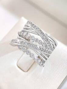 1枚奢华高光泽多层缠绕十字架设计925纯银戒指，优雅珠宝礼品，适合日常佩戴、情人节、生日等场合。 - 銀色 - 查看 5