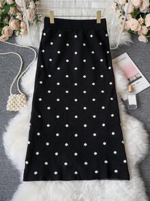 法式优雅风格复古波尔卡圆点针织裙，修身版型，适合圣诞节、新年、通勤、约会、秋冬 - 黑色 - 查看 3