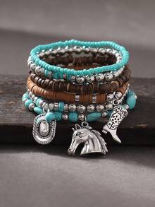 6 件西部牛仔风格复古椰子壳、绿松石串珠牛仔帽、靴子吊坠多层手链套装，弹性手链适合女士休闲、节日装 - 彩色 - 查看 11