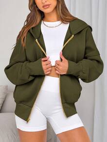 Women Casual Zipper Hoodie Long Sleeve Sweatshirt Y2K Hooded Jacket Fall Autumn Winter Going Out Clothes - 軍綠色 - 查看 6