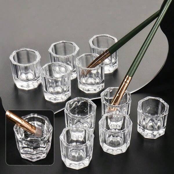 5pcs Octagonal Glass Cup With Thick Bottom, Transparent Nail Art Brush Cleaning Cup, Nail Art Tools For Holding Crystal Liquid And Brush Cleaning Water