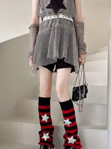 1 Pair Y2K Academy Style Stripe Women's Knitted Leg Cover-Black Long Calf Knitted Set Star Leg Set Hot Girl Piled , Cozy