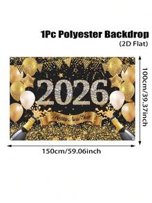 1 Stück Hintergrundfahne mit Neujahrsmotiv, schwarze und goldene Neujahrsballons aus Polyester, für 2026 Neujahrsfestdekoration Hintergrund Stoff für Zuhause, Raumdekoration, Neujahrsfestdekoration, Partydekor, Gartendekoration, Hängedekoration, 2026 Neujahrsdekoration, Partyfavors