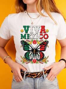 Playera blanca de mujer con estampado patriótico "Viva México" - Blanco - Ver 2