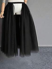 1 件优雅女士三层前开衩喇叭裙时尚全圆覆盖网眼长裙秋季女士服装 - 彩色 - 查看 6