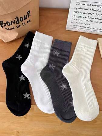 4双随机星形图案百搭时尚船袜，秋冬季