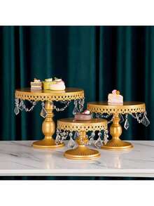 3Pcs Antique Cake Stand Set - Round Metal Cupcake Stands With Pendants And Beads - Elegant Dessert Display, For For Wedding, Birthday Party Decor, Gold/Champagne/Cream White,Holiday Decor,Christmas Gifts - 金色 - 查看 3