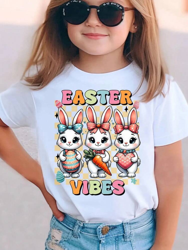 Happy Easter Bunny Eggs Vibes Children'S White Cotton T-Shirt – Stylish Round Neck With Graphic Print, Perfect For Holidays - 白色 - 查看 2