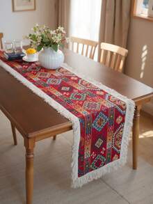 1 Stück amerikanischer Stil buntes Rautenmuster Bauernhaus Makramee Quaste Tischläufer, handgefertigter gewebter dekorativer Tischläufer für Feiertage, Partys, Picknicks, Paarfotos, Boho Dekoration