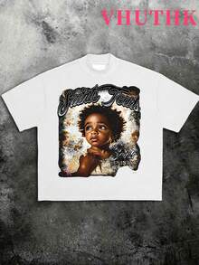 VHUTHK (180 Cotton T-Shirt) Big Eyed Child Print Men's Summer Round Neck Short Sleeved Casual Cotton Print - 白色 - 查看 1