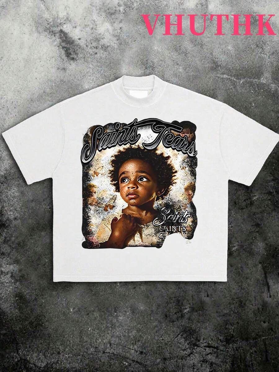 VHUTHK (180 Cotton T-Shirt) Big Eyed Child Print Men's Summer Round Neck Short Sleeved Casual Cotton Print - 白色 - 查看 1