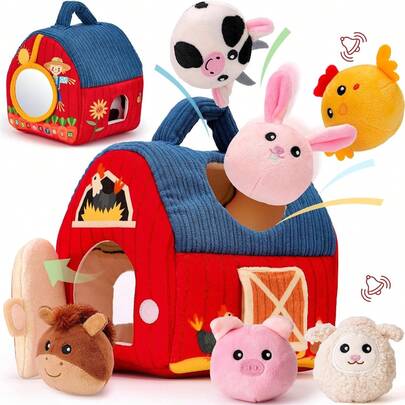 Baby Toys 6-12 Months - Surprise Barn With Stuffed Farm Animals, Rattle, Crinkle Paper, Mirror - Montessori Toys For 6 Month Old Babies, Sensory Balls Toddlers 1-3, 1 Year Old Boy Girl Gifts