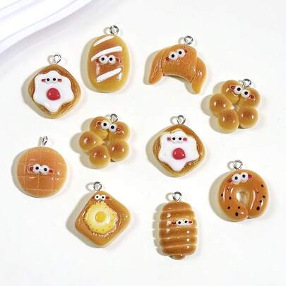 10个可爱树脂吊坠挂件 - 多种颜色和款式（面包、吐司、奶油三明治、甜甜圈、心形、星星、花朵） - DIY首饰制作材料，可用于制作耳环、项链、钥匙扣 - 创意礼物、钥匙扣装饰、趣味设计、彩色吊坠