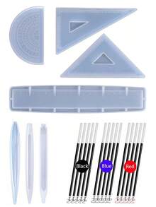 Kawaii Creative DIY Epoxy Resin Casting Mold Pen Shaped Ruler And Angular Gauge Shaped Resin Mold, Including Ruler And Angular Gauge DIY Epoxy Resin Casting Mold Process, DIY Resin Craft Production Kit - Used For Ballpoint Pens, Silicone Pen Molds, Red, Black And Blue Ballpoint Pen Cores, DIY Resin Casting Molds, Pen And Ruler Protractor Production