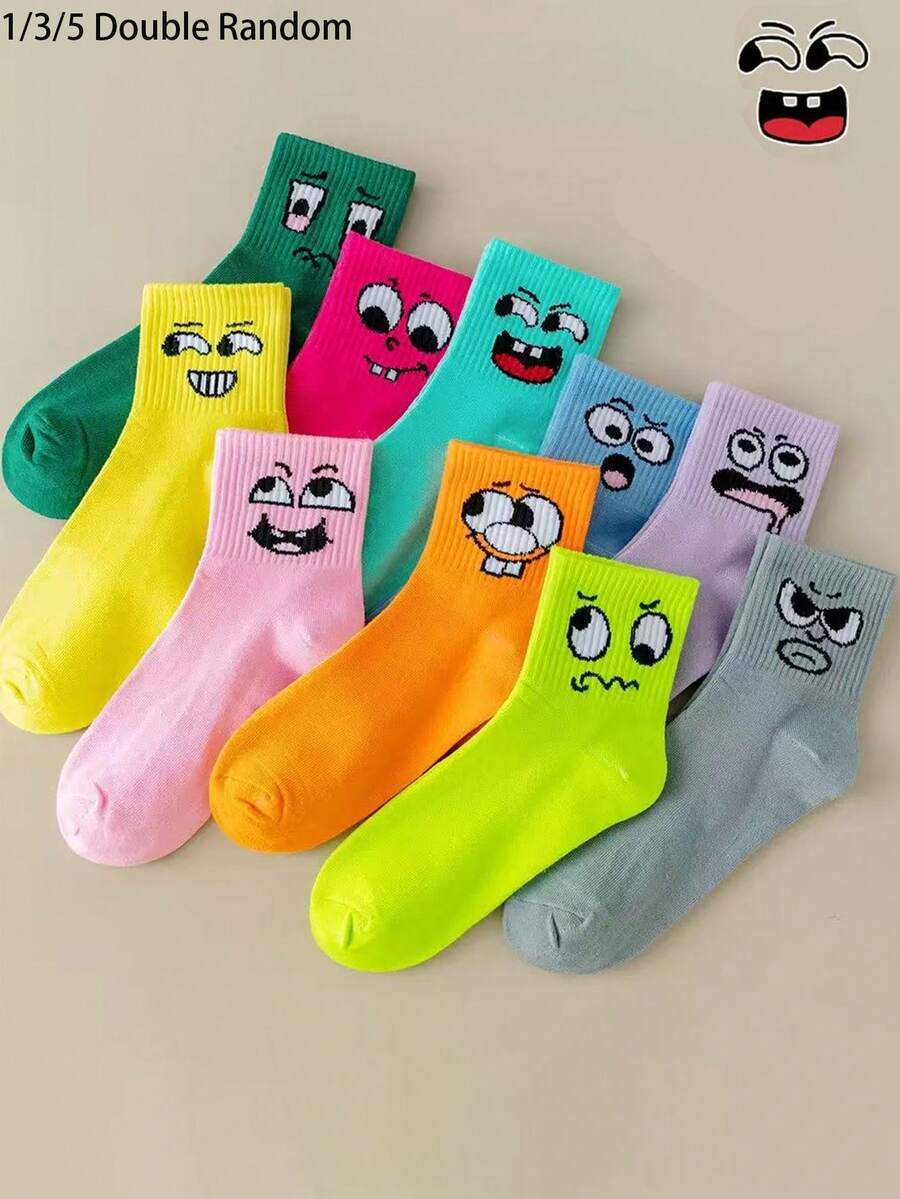 1/3/5/8/10 Pairs Random Women Mid-Calf Socks, Cute Smiling Face Cartoon Pattern, Comfortable & Fashionable Personalized Socks, Spring/Summer