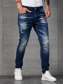Pantalones vaqueros azul oscuro con salpicaduras y rotos, tiro alto y corte entallado, estilo moderno y casual - Azul lavado oscuro - Ver 1