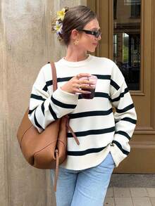 FOR BEAUTY Contrast Color Round Neck Loose Pullover Sweater, Women's New Casual Commuter Knit Top, Suitable For Spring, Autumn, Winter - Black and White - View 2