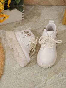 1 双儿童软底双拉链圆头英伦风格靴子，幼儿防滑皮革短靴，街头时尚踝靴 - 白色 - 查看 6