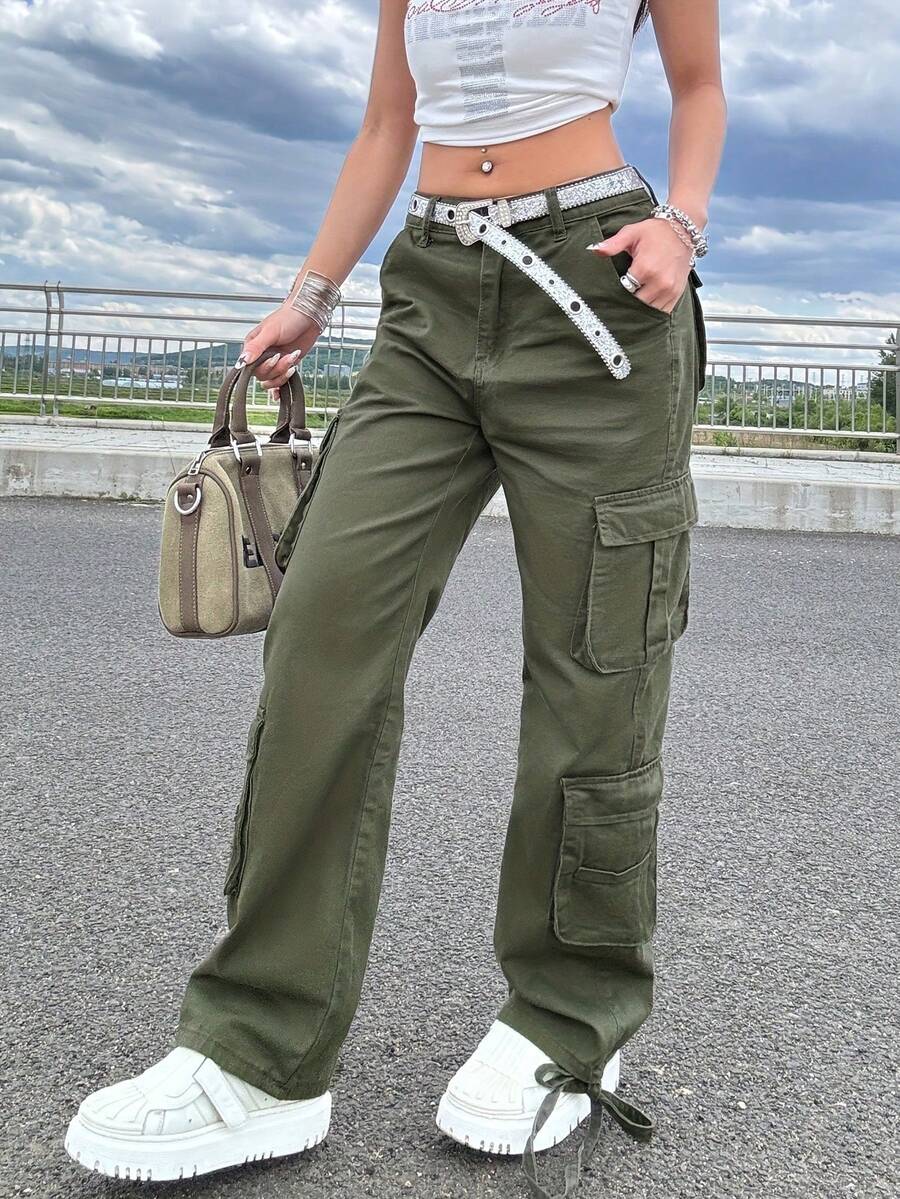 Women's Mid-Rise Wide-Leg Work Jeans With Work Pockets, Built-In Zipper, Pockets, Button, Casual, Street Style. - xanh quân đội - Xem 1