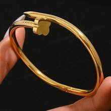 1 Set Stainless Steel Gold Color Bangle Bracelet With Rhinestone Nail & Waist Design, Gold Bangles